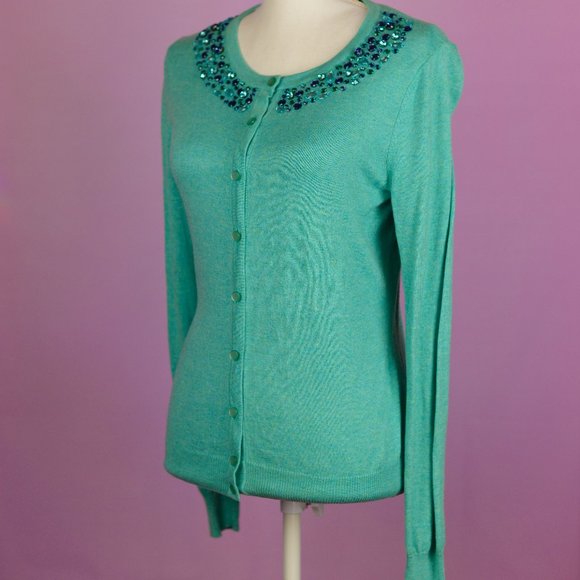 Turquoise cardigan with sequined collar - Picture 3 of 8